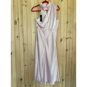 NWT Lulus Distinctive Charm Light Pink Satin Asymmetrical Midi Dress Holiday L thumbnail 6