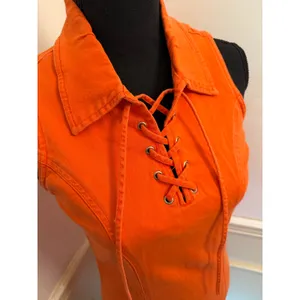 Vintage Y2K Orange Speed Mini Dress Sleeveless Lace-Up Collar Shift Dress Retro thumbnail 2