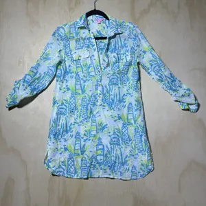 Lilly Pulitzer Lighthouse Print Tunic Top XS Blue Green Coastal Beach‎ thumbnail 1