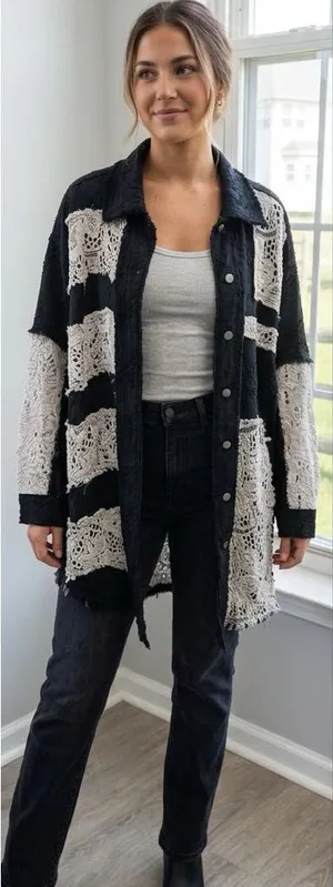 POL Black Jacket with Cream Crochet Inset thumbnail 1