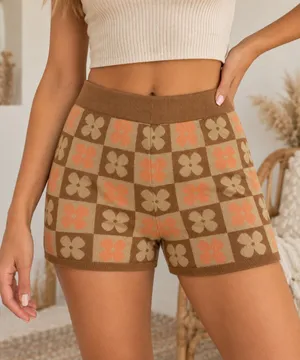 Altar’d State XS Floral Knit Shorts Brown Orange Retro 70s Boho thumbnail 1
