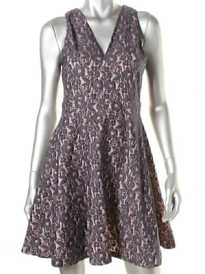 AQUA Navy Blue Lace Light Pink Lining V-Neck Sleeveless Fit Flare Skater Dress thumbnail 1