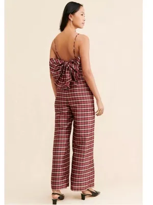 Anthropologie Hutch Plaid Bow Jumpsuit in Red 8 Classic Preppy Holiday Festive thumbnail 2