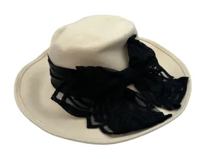 Vintage Joe Bill Miller Wool‎ Hat Cream Black Lace Bow Derby Dress Hats Made USA thumbnail 1