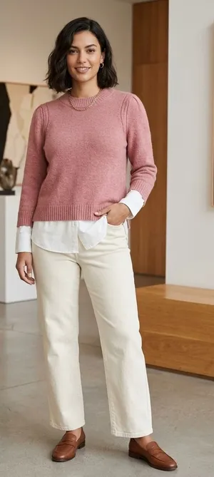 Brochu Walker Layered Look Cashmere Sweater Womens L Pink White Crewneck thumbnail 1