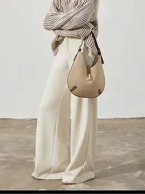 NEW faux leather round Light Taupe cream Crescent Shoulder Bag with Gold Accent thumbnail 7