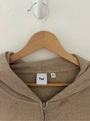 Aritzia TNA waffle zip up hoodie in tan thumbnail 3