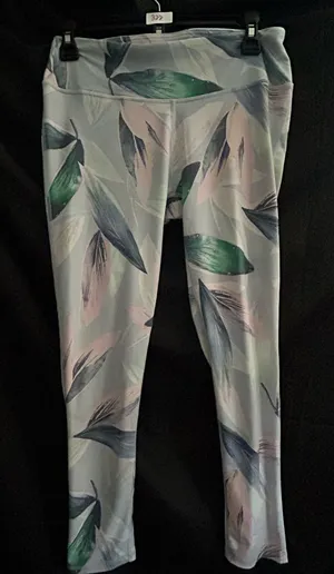 Fabletics Athletic Pastel Leaf Print Leggings in Light Blue, Green & Pink MD thumbnail 1