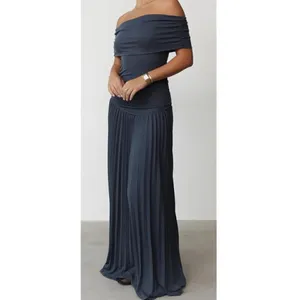 Women’s Navy Off-Shoulder Maxi Dress Pleated Skirt Size L thumbnail 14