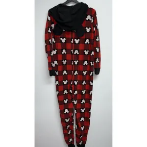 Disney Mickey Mouse One Piece Pajamas Womens Medium Hooded Ears Red Black Fleece thumbnail 4