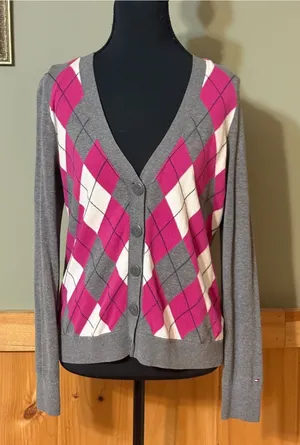 Tommy Hilfiger Gray, Pink & White Argyle V-Neck Cardigan size S 100% Pima Cotton thumbnail 1