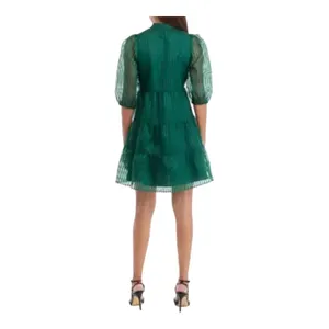 Crown & Ivy Tiered Mini Dress Womens Large‎ Green Striped Puff Sleeve Babydoll thumbnail 3