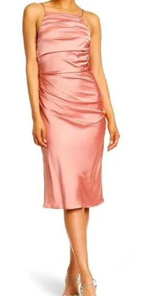 Astr Satin Ruched Slip Midi Dress in Rose thumbnail 1