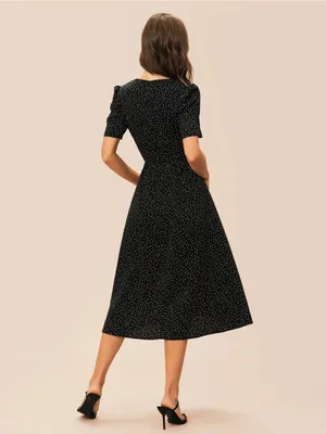 Rihoas Black V Neck Polka Dot Midi Dress thumbnail 6