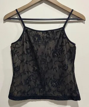 Vintage 90s Express Tricot Black Floral Mesh Lace Cami Top M thumbnail 1