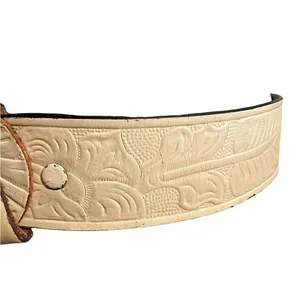 Genuine Leather White Embossed Belt Sz 26 Cowboy Bucking Bronco Buckle Vintage thumbnail 5