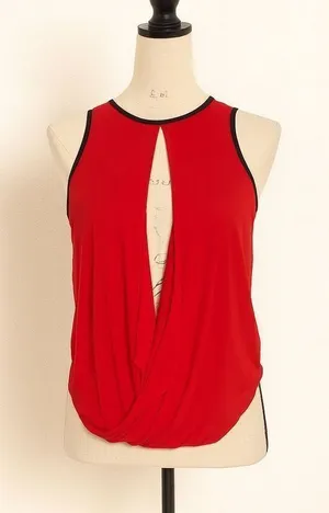 G by Guess Red Sleeveless Draped Front Blouse XS – Open Front Top with Black Tri thumbnail 1