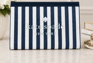 Kate Spade Blue White Stripe Canvas Zip Pouch Leather Trim NWT thumbnail 1