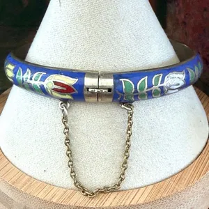 Vintage Thailand Cloisonné Floral Bangle Bracelet Blue Enamel Hinged thumbnail 3