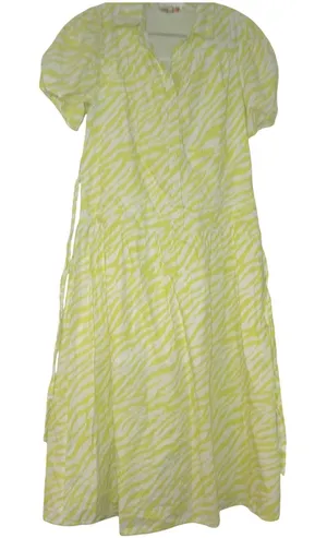 Skies Are Blue Yellow Zebra Print Cotton Midi Dress Puff Sleeve Button Front L thumbnail 1