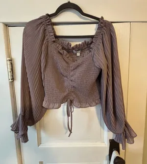 She + Sky Mauve Smocked Peasant Crop Top with Tie Front thumbnail 1