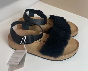 NWT Papillio by Birkenstock Black Shearling Platform Wedge Sandals Size 39 / 8 thumbnail 1