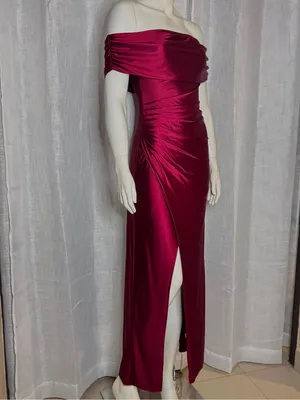 Off Shoulder Satin Maxi Dress Burgundy Pleated Ruched Front Slit Gown S thumbnail 7