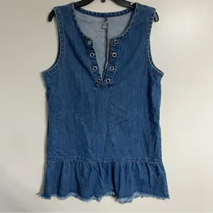 Aerie Denim Lace Up Grommet Shift Dress Medium Wash Ruffle Hem Fringe Large‎ thumbnail 2