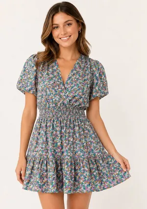 THML Floral Smocked Waist V-Neck Mini‎ Dress Multicolor XS thumbnail 1