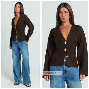 NWT Showpo Nerissa Cardigan Size 2 Brown Cinched Waist Puff Sleeve Wool Contour thumbnail 3