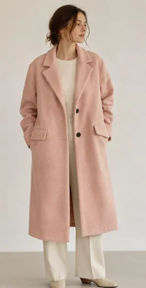 Bershka Women Blush Pink Long Coat Minimalist Quiet Luxury Two Button Overcoat Size L thumbnail 1