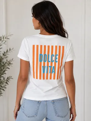 SHEIN Dolce Vita Graphic T-Shirt White Orange Blue Size S thumbnail 2