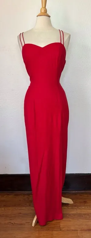 Vintage Solid Red Sleeveless Full Length Strappy Rhinestone Formal Dress thumbnail 1