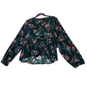 American Eagle Womens Large Peplum Top Blue Floral Tie Front Balloon Sleeve Boho thumbnail 2