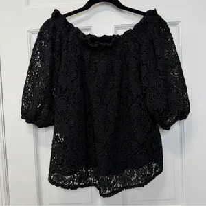 Maeve by Anthropologie Black Floral Crochet Ruffle Puff Sleeve Blouse Size Small thumbnail 1