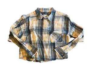 American Eagle Outfitters Button-Up Shirt Womens L Blue Tan Plaid Flannel thumbnail 1