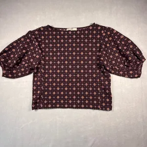 Loft Women Burgundy Floral Medallion Puff Sleeve Textured Blouse Size L thumbnail 3