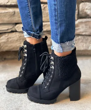 Top Moda Black Sherpa Lug Sole Ankle Bootie thumbnail 1