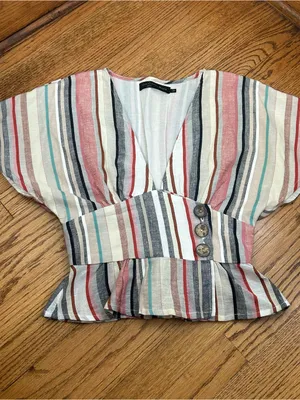 House Of Harlow x REVOLVE Striped Linen Blend Bell Sleeve V Neck Blouse Size S thumbnail 9
