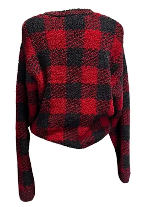 SKIMS Red & Black Buffalo Check Fuzzy Knit Sweater – S/M Oversized thumbnail 1