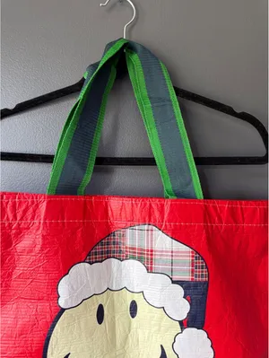 Aerie Red Holiday Tote Bag with Smiley Face and Plaid Santa Hat thumbnail 3