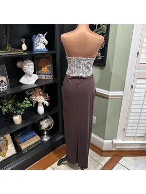 Anthropologie Lilka Brown & Grey Abstract Midi Dress – Adjustable Top – Size Med thumbnail 9