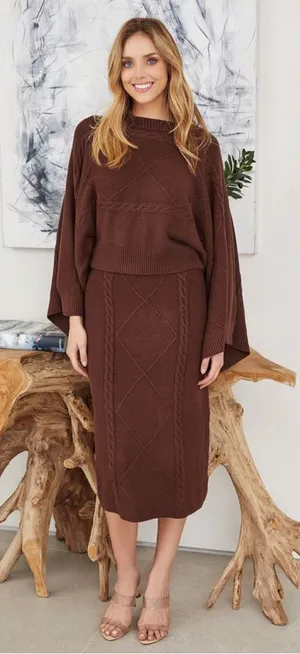 Chaining Pattern Knit Sweater and Skirt Set Brown Size L thumbnail 1