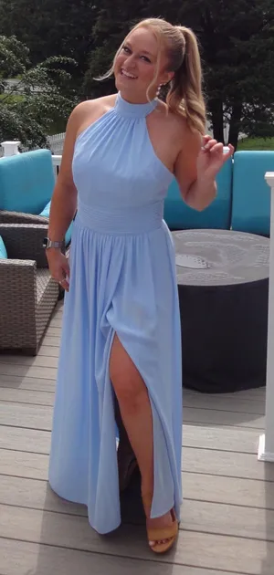 David's Bridal Bridesmaid Dress Blue Halter thumbnail 1