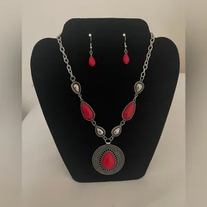 Paparazzi Fashion Red Teardrop Statement Necklace & Earrings Set thumbnail 3