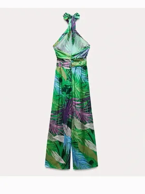 ZARA NWOT Tropical Leaf-print Halter Wide-leg Jumpsuit Green XS thumbnail 6