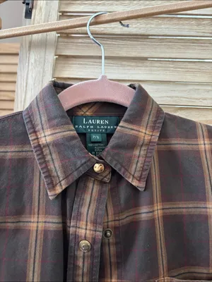 Lauren Ralph Lauren Brown Plaid Casual Snap Front Shirt Petite Small thumbnail 4