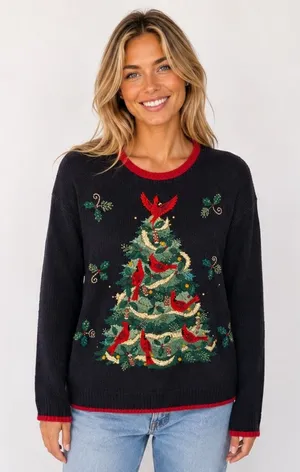 Vintage Heirloom Collectible Embroidered Christmas Tree Sweater Cardinal Festive thumbnail 1