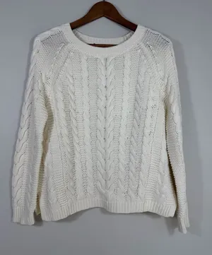 Express Women’s Small Ivory Cable Knit Crewneck Sweater Cozy Fisherman thumbnail 1