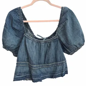 Ganni‎ Denim Puff Sleeve Top in Tint Wash Size S/M Feminine Cottage core thumbnail 2